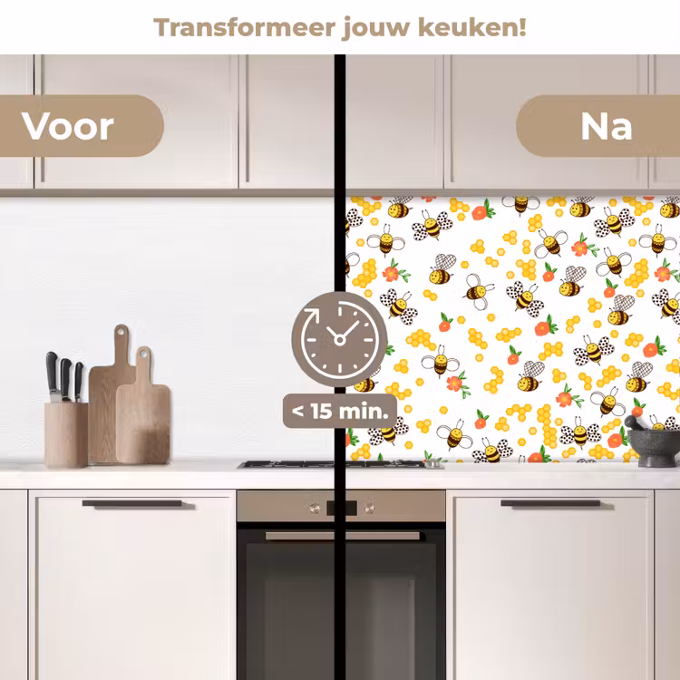 Honing - Bij - Bloemen - Patronen - Lente keuken achterwand 2 middel 871 -voor-na2_NL