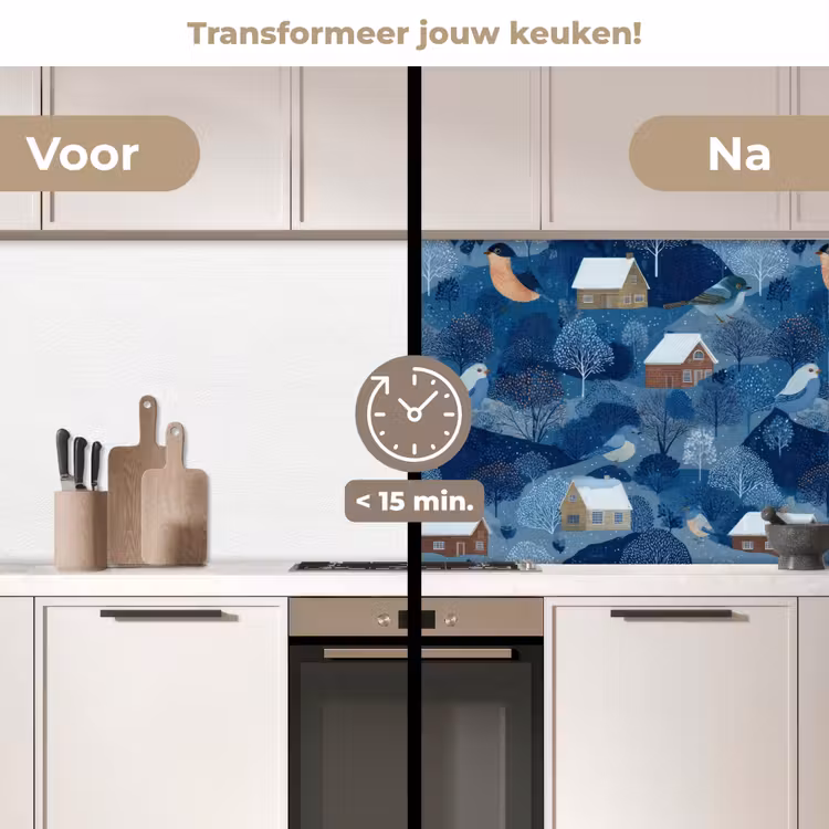 Huisjes - Vogels - Sneeuw - Winter - Blauw keuken achterwand 2 middel 871 -voor-na2_NL