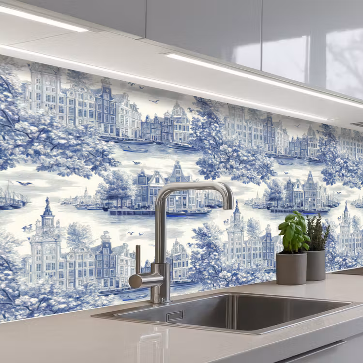 Huizen - Bomen - Water - Vogels - Blauw keuken achterwand 2 middel 871 -3d_schuin