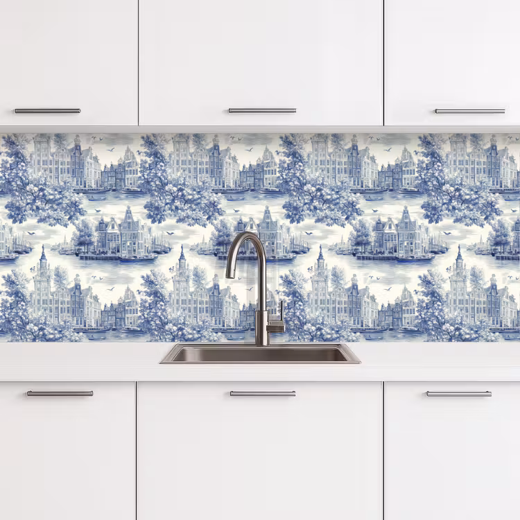 Huizen - Bomen - Water - Vogels - Blauw keuken achterwand 2 middel 871 -3d