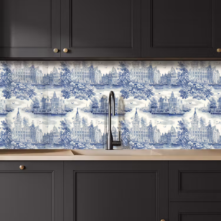 Huizen - Bomen - Water - Vogels - Blauw keuken achterwand 2 middel 871 -sfeer1