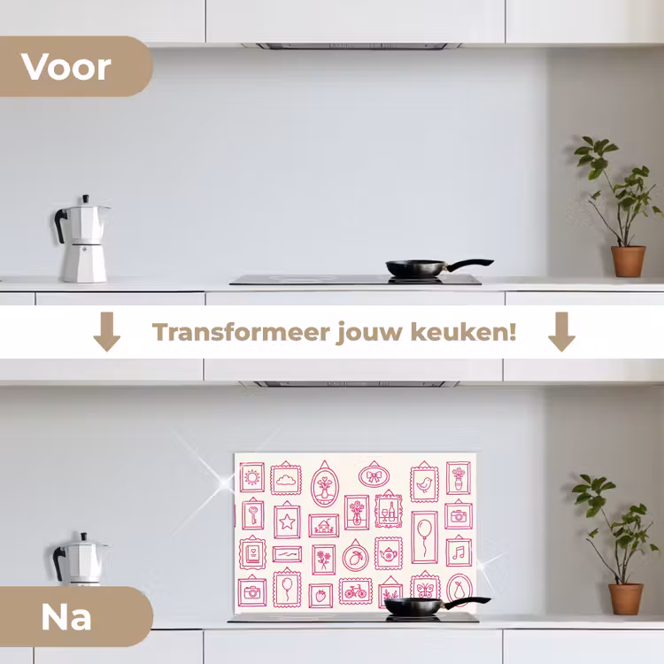 Illustratie - Collectie - Kunst - Minimalistisch - Roze keuken achterwand spatscherm klein -voor_na_NL