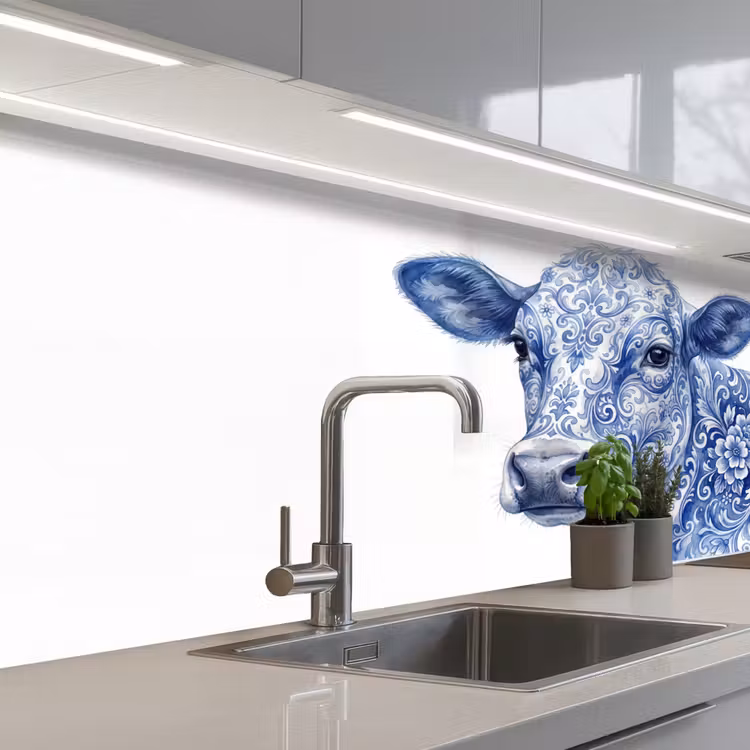 Illustratie - Koe - Blauw keuken achterwand 2 middel -3d_schuin