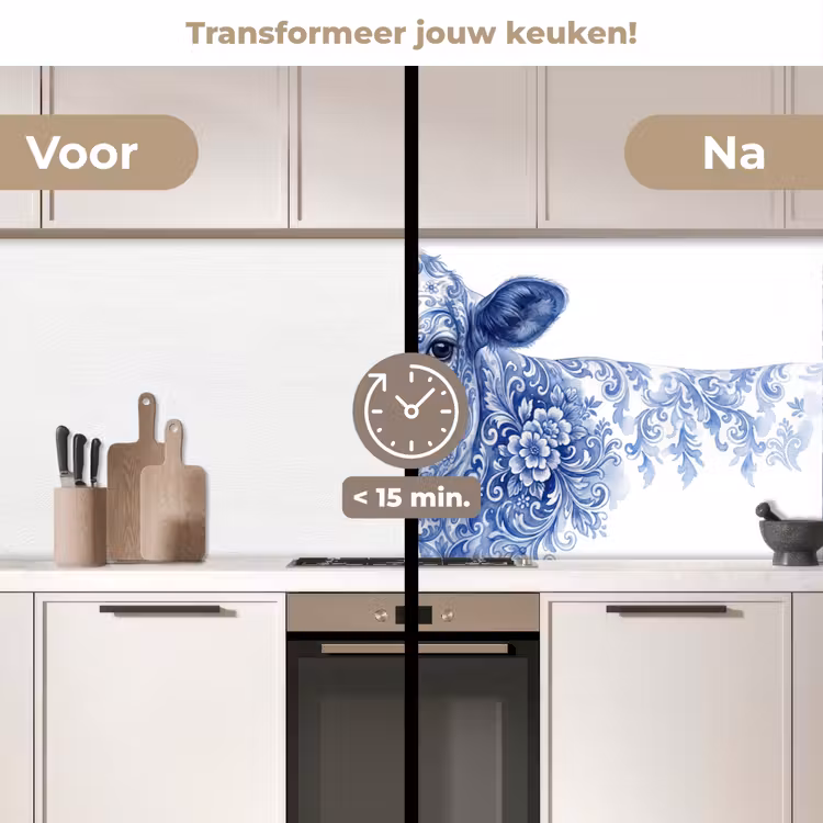 Illustratie - Koe - Blauw keuken achterwand 2 middel -voor-na2_NL