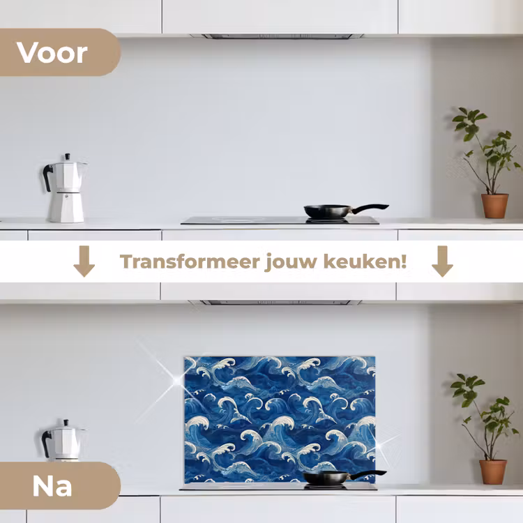 Japans - Oceaan - Golven - Blauw keuken achterwand spatscherm klein 900 -voor_na_NL