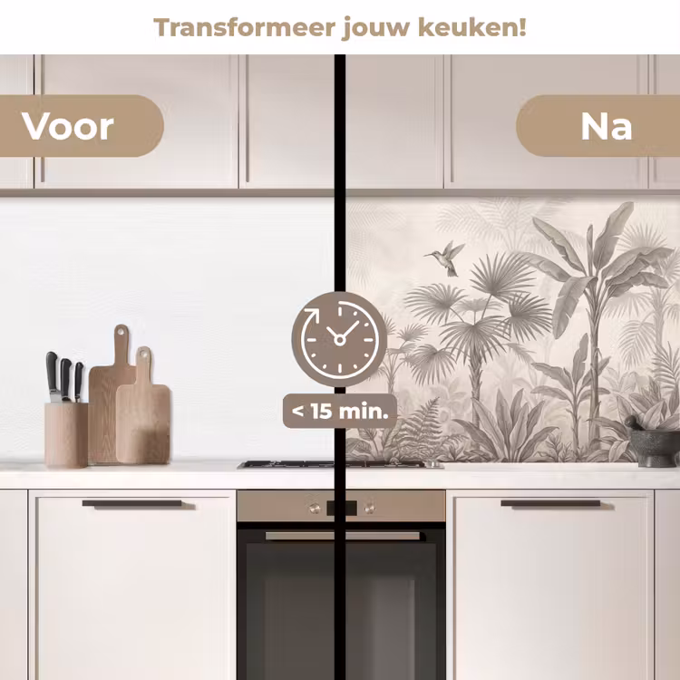 Jungle - Banenboom - Kolibrie - Beige keuken achterwand 2 middel -voor-na2_NL