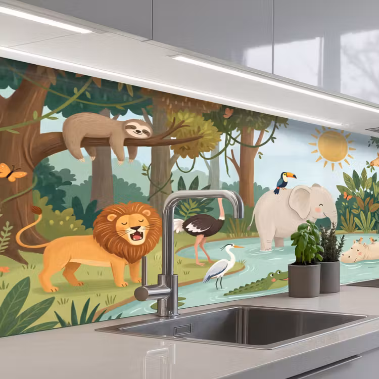 Jungle - Oase - Dieren - Kleurrijk keuken achterwand 2 middel -3d_schuin