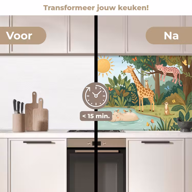 Jungle - Oase - Dieren - Kleurrijk keuken achterwand 2 middel -voor-na2_NL