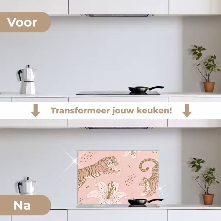 Kat - Springend - Bloemen - Abstract - Roze keuken achterwand spatscherm klein -voor_na_NL