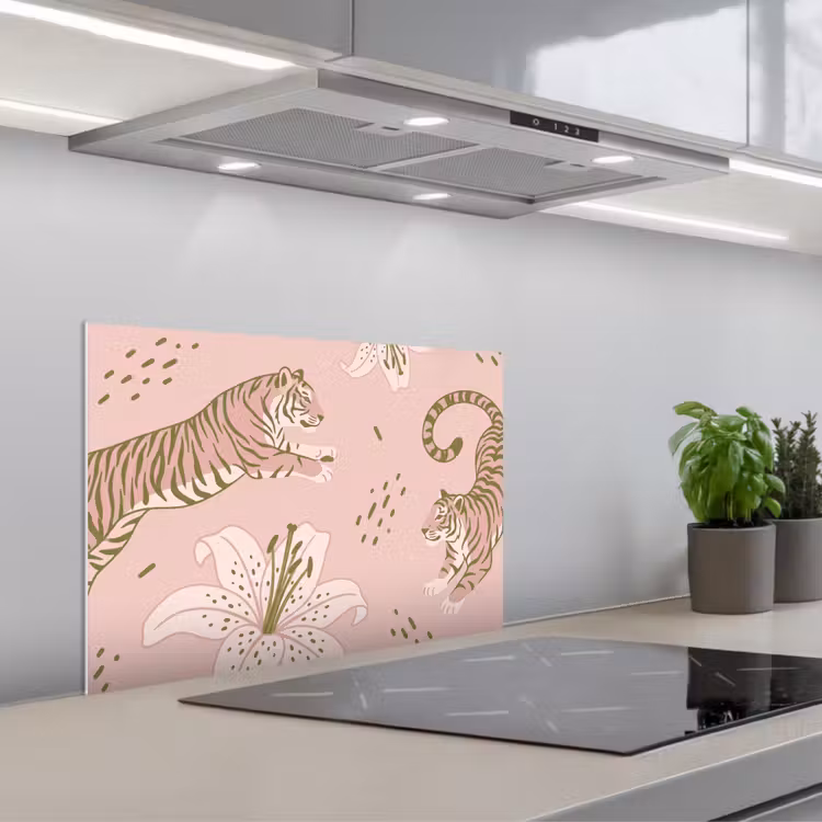 Kat - Springend - Bloemen - Abstract - Roze keuken achterwand spatscherm klein -3d_schuin