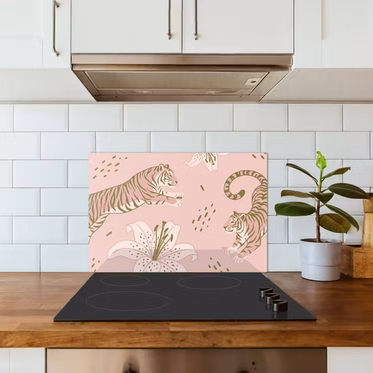 Kat - Springend - Bloemen - Abstract - Roze keuken achterwand spatscherm klein -sfeer2