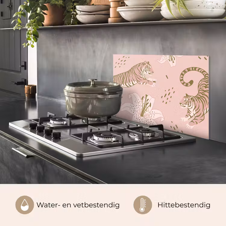 Kat - Springend - Bloemen - Abstract - Roze keuken achterwand spatscherm klein -usp_NL