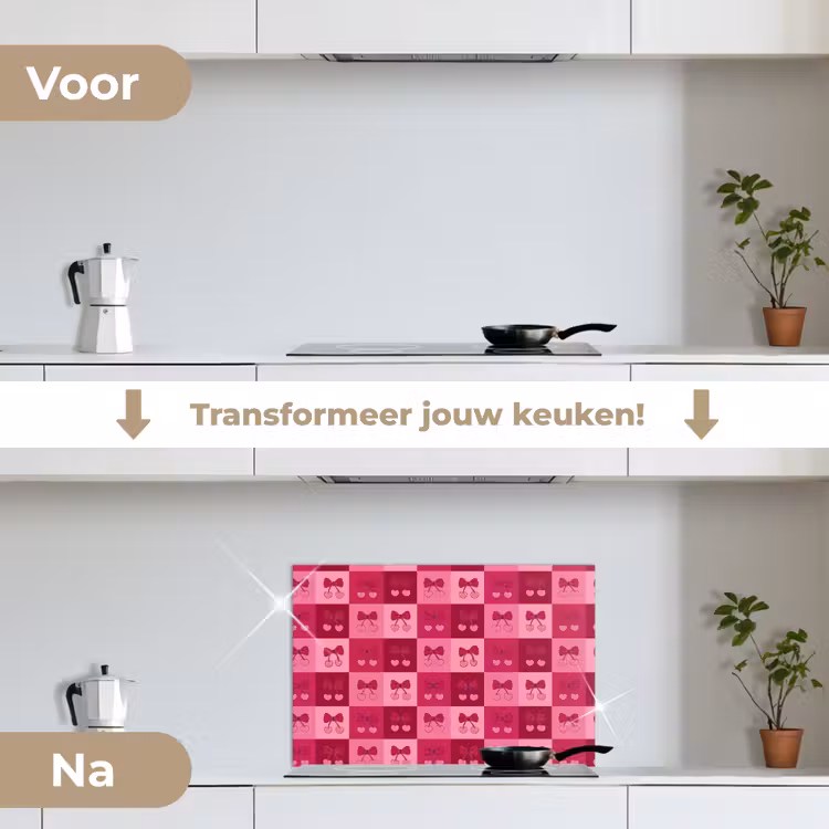 Kersen - Strikjes - Speels - Roze - Bordeaux keuken achterwand spatscherm klein 900 -voor_na_NL