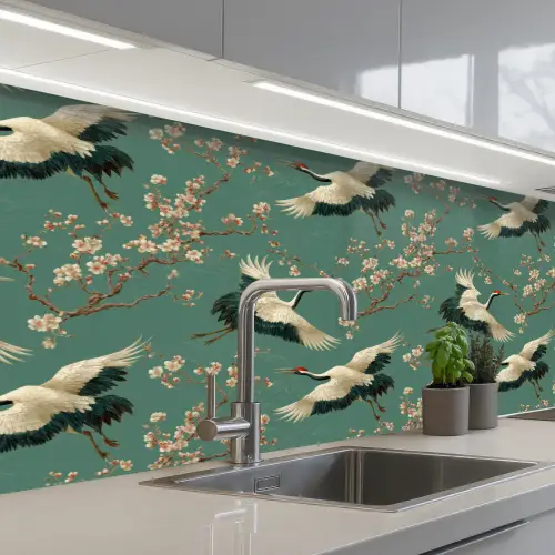 Kersenbloesem - Kraamvogels - Groen keuken achterwand 2 middel 871 -3d_schuin