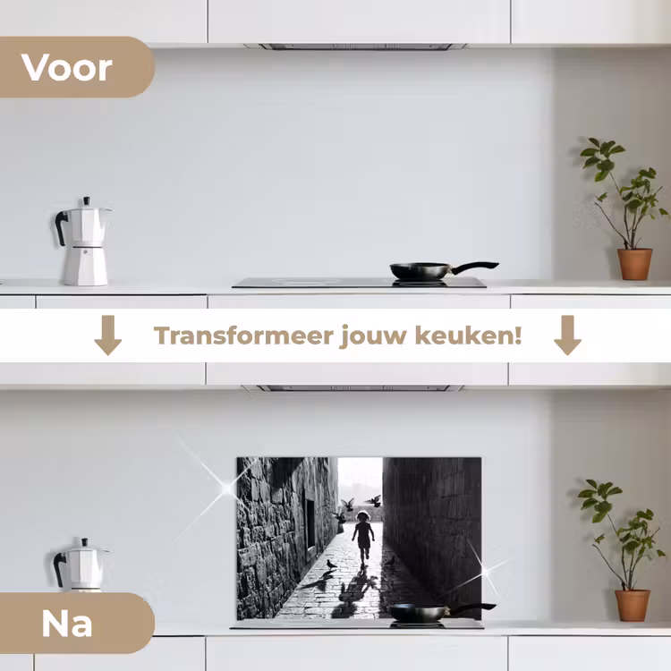 Kind - Vogel - Straat - Zwart-wit - Spelen keuken achterwand spatscherm klein -voor_na_NL