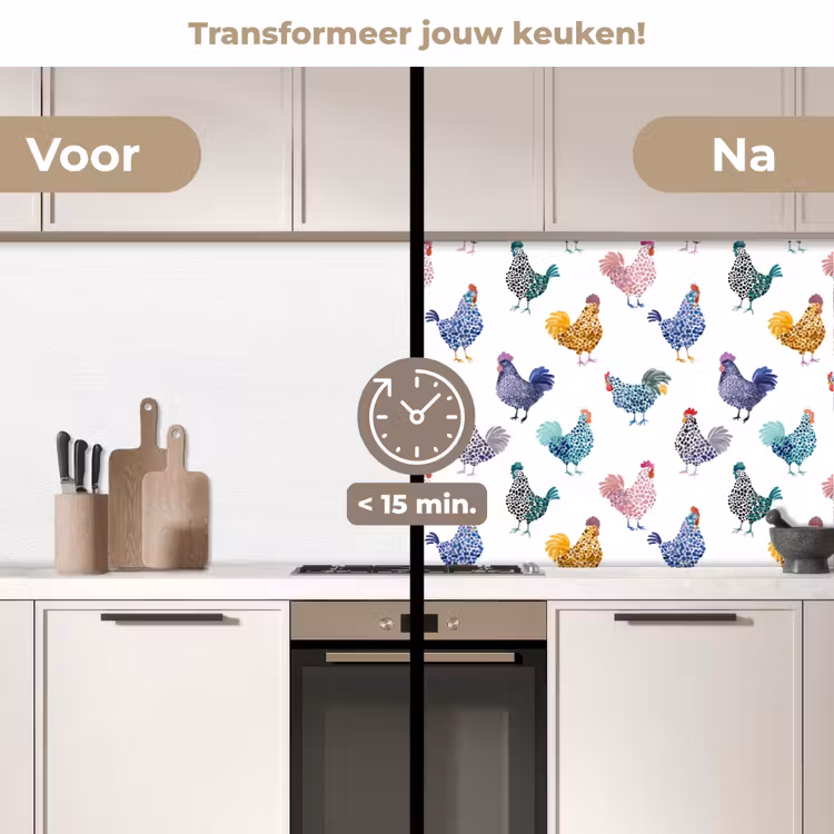 Kippen -Aquarel - Kleurrijk keuken achterwand 2 middel 871 -voor-na2_NL