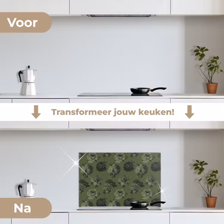 Klassiek - botanisch - olijfgroen - bloemen keuken achterwand spatscherm klein 900 -voor_na_NL