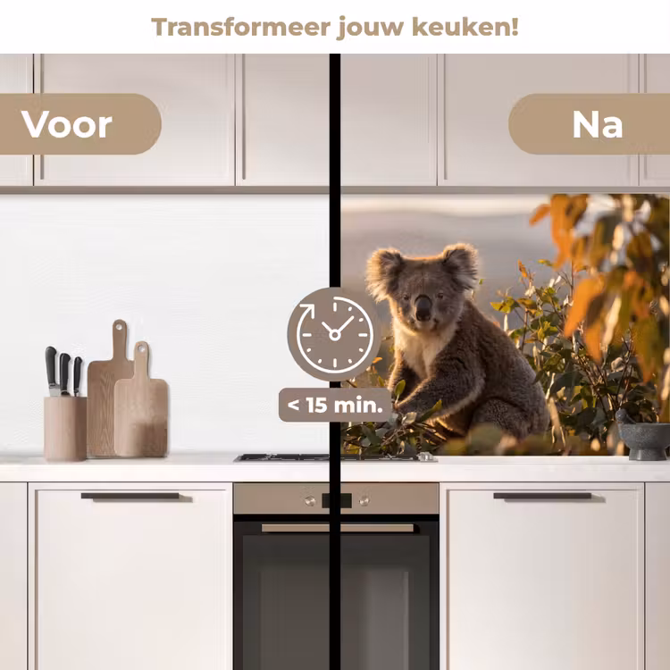 Koala - Bladeren - Ochtendlicht keuken achterwand 2 middel -voor-na2_NL