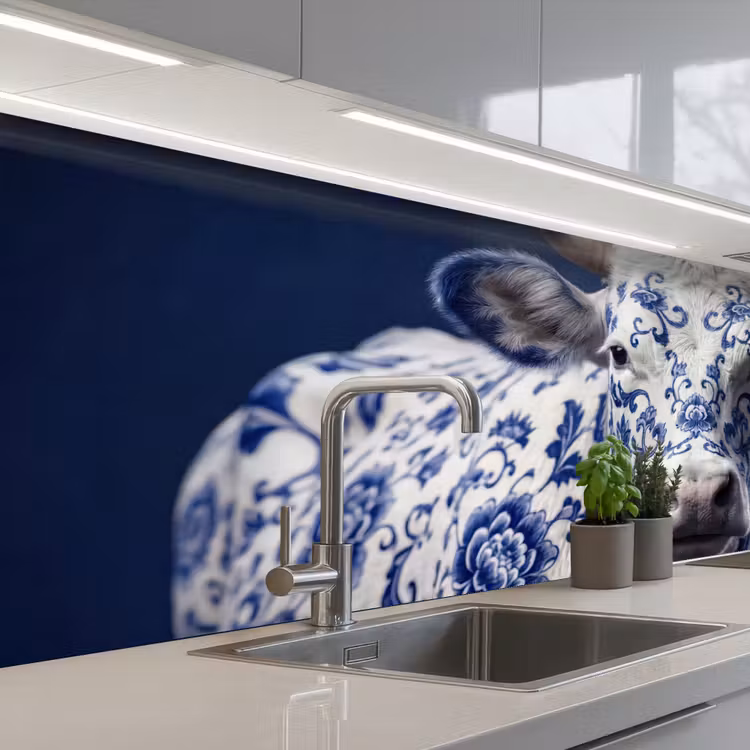 Koe - Delfts - Blauw - Artistiek keuken achterwand 2 middel -3d_schuin