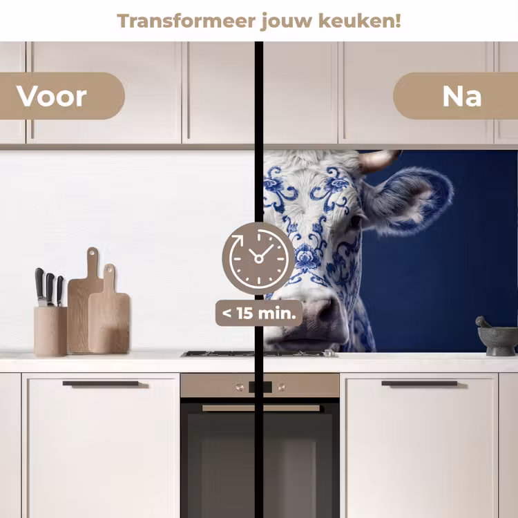 Koe - Delfts - Blauw - Artistiek keuken achterwand 2 middel -voor-na2_NL