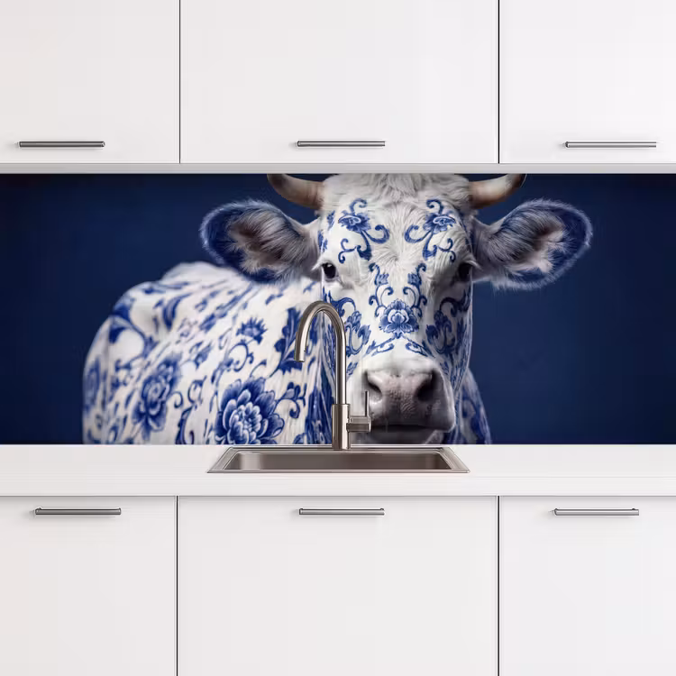 Koe - Delfts - Blauw - Artistiek keuken achterwand 2 middel -3d