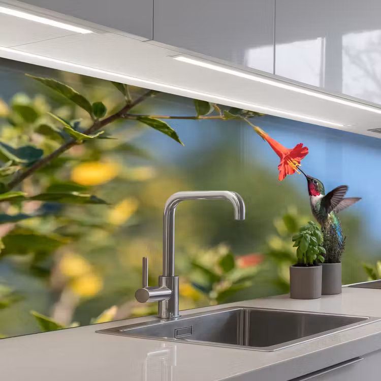 Kolibrie - Bloem - Natuur - Groen keuken achterwand 2 middel -3d_schuin