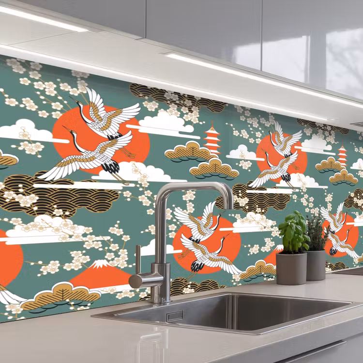Kraanvogel - Sakura - Zon - Patronen keuken achterwand 2 middel 871 -3d_schuin