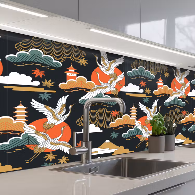 Kraanvogel - Wolken - Japan - Patroon keuken achterwand 2 middel 871 -3d_schuin