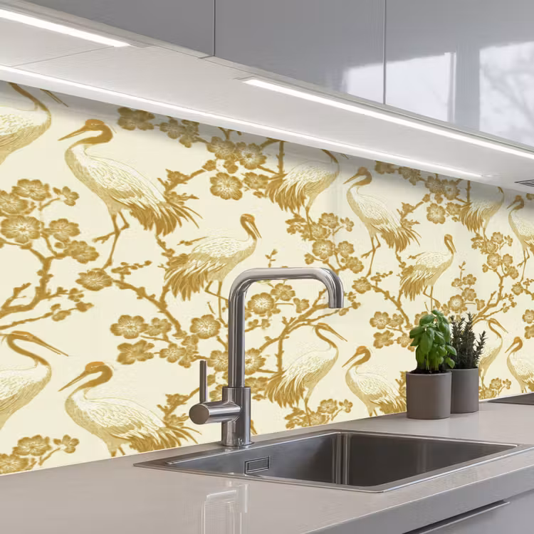 Kraanvogels - Kersenbloesem - Goud keuken achterwand 2 middel 871 -3d_schuin