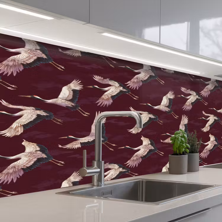 Kraanvogels - Klassiek - Bordeaux keuken achterwand 2 middel 871 -3d_schuin