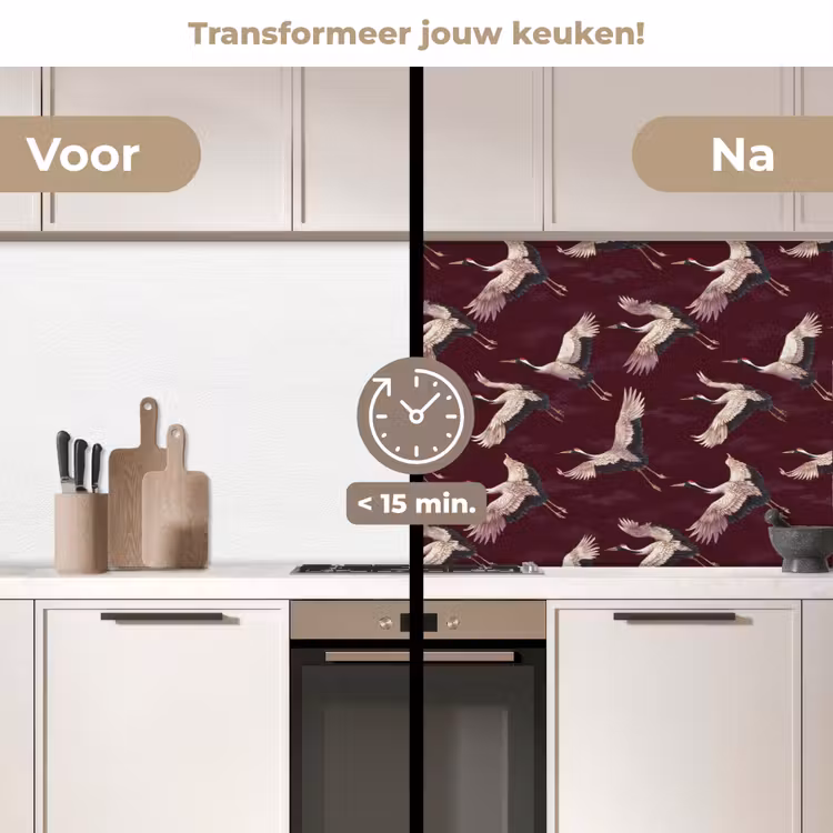 Kraanvogels - Klassiek - Bordeaux keuken achterwand 2 middel 871 -voor-na2_NL