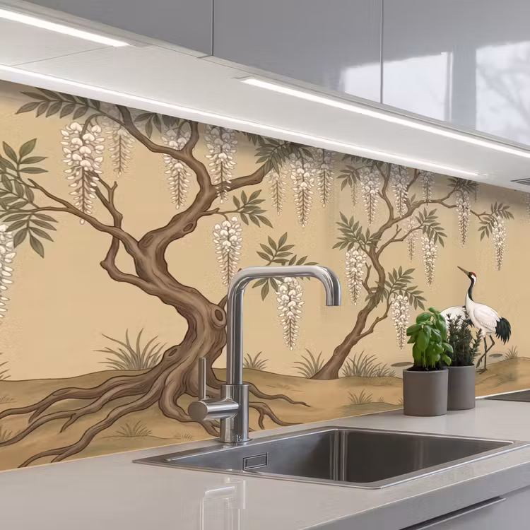 Kraanvogels - Water - Beige keuken achterwand 2 middel -3d_schuin