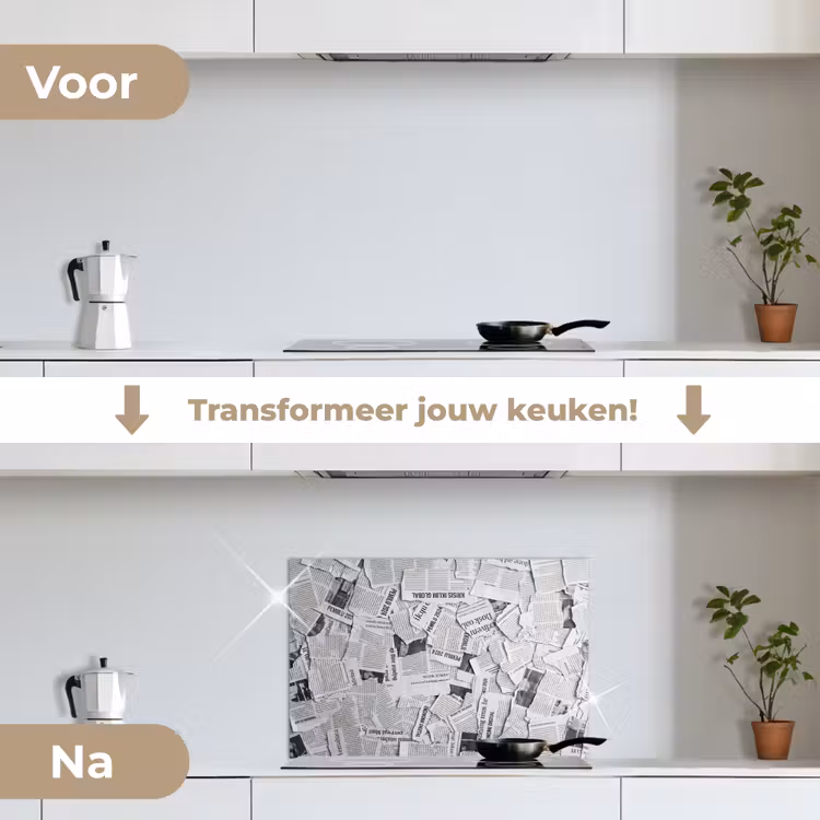 Krant - Versnipperd - Textuur - Zwart-wit - Abstract keuken achterwand spatscherm klein -voor_na_NL