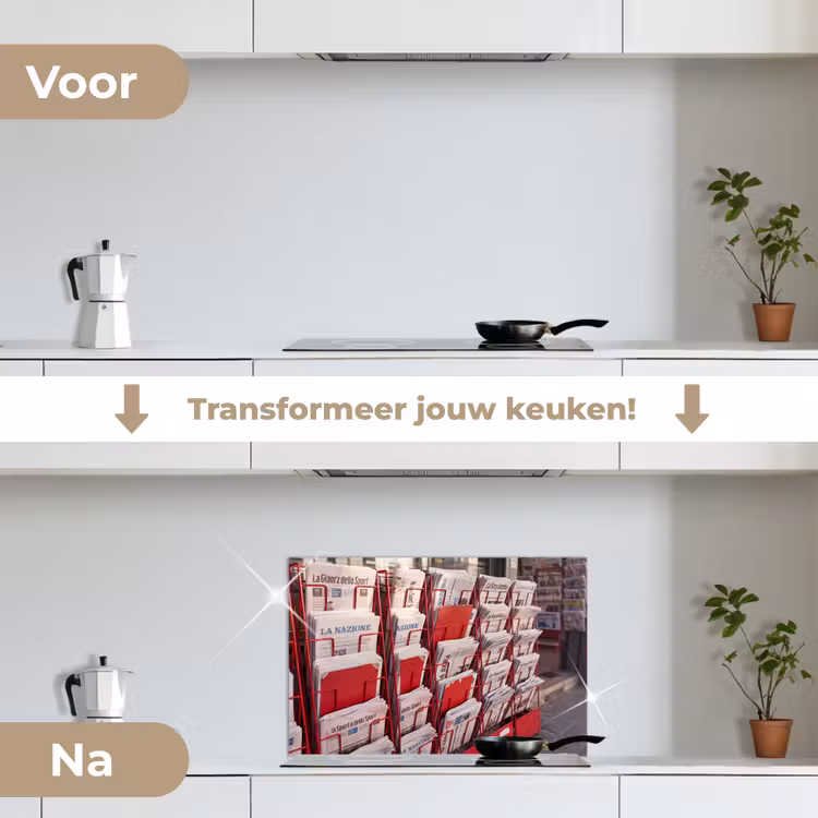 Kranten - Rek - Stedelijk - Dagelijks leven - Rood keuken achterwand spatscherm klein -voor_na_NL