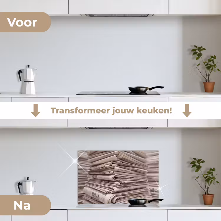 Kranten - Stapel - Nieuws - Vintage - Beige keuken achterwand spatscherm klein -voor_na_NL