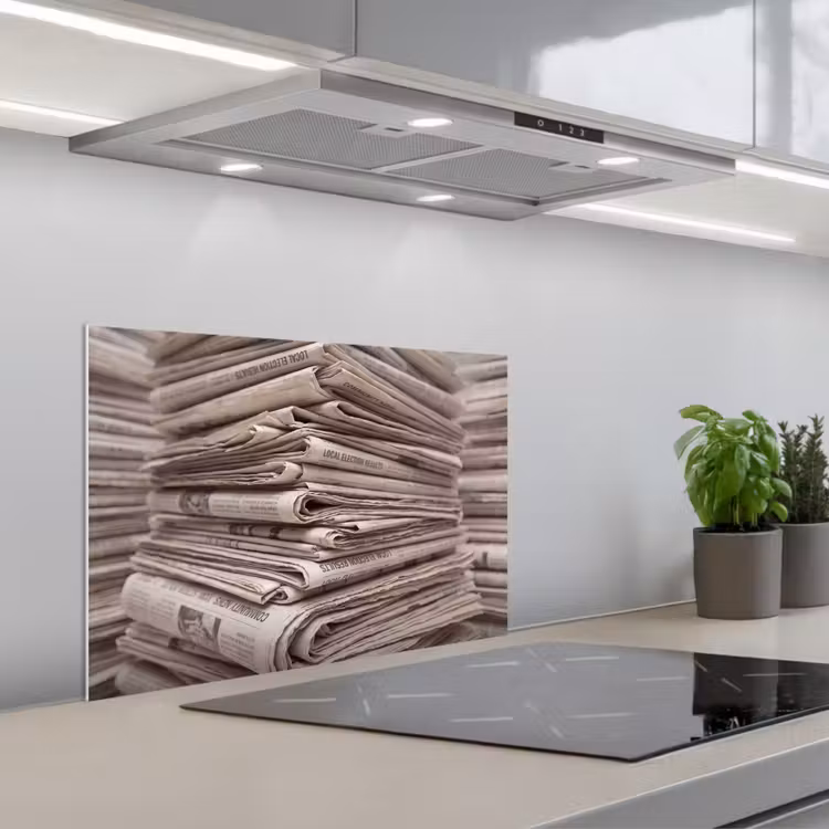 Kranten - Stapel - Nieuws - Vintage - Beige keuken achterwand spatscherm klein -3d_schuin