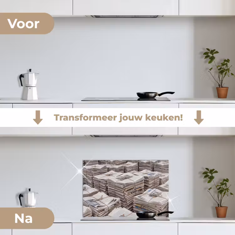 Kranten - Stapels - Touw - Informatie - Vintage keuken achterwand spatscherm klein -voor_na_NL