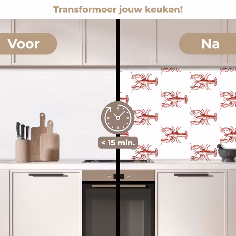 Kreeften - Donkerrood - Patroon keuken achterwand 2 middel -voor-na2_NL