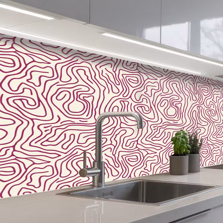 Kronkelende lijn - Magenta - Crème keuken achterwand 2 middel 871 -3d_schuin