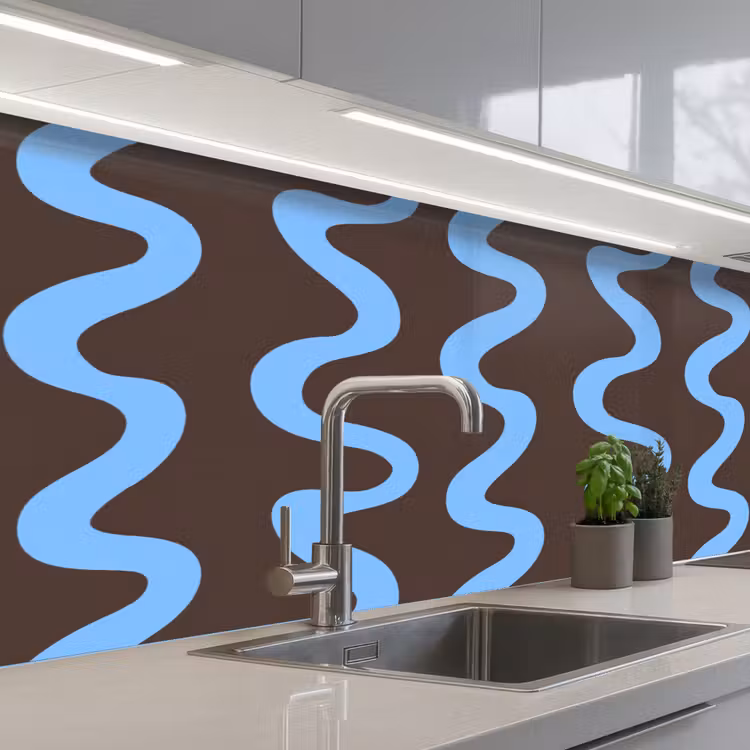 Kronkelende lijnen - Blauw - Bruin - Minimalistisch keuken achterwand 2 middel 871 -3d_schuin