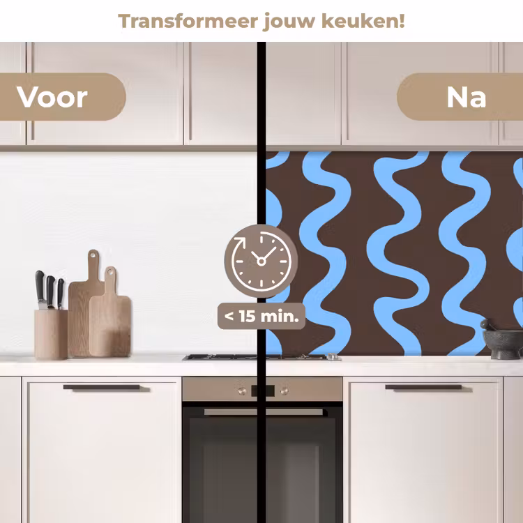 Kronkelende lijnen - Blauw - Bruin - Minimalistisch keuken achterwand 2 middel 871 -voor-na2_NL