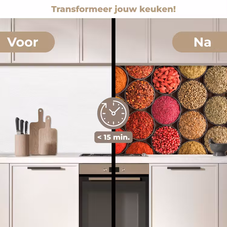 Kruiden - Schaaltjes - Kleurrijk - Textuur keuken achterwand 2 middel -voor-na2_NL