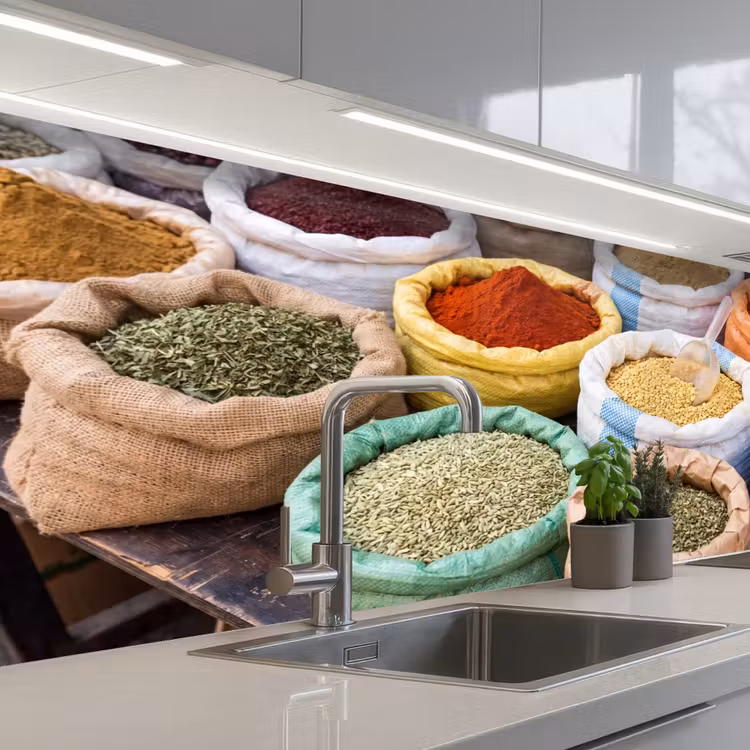 Keuken achterwand - Kruiden - Zakken - Markt - Kruiden - Zakken - Markt keuken achterwand 2 middel