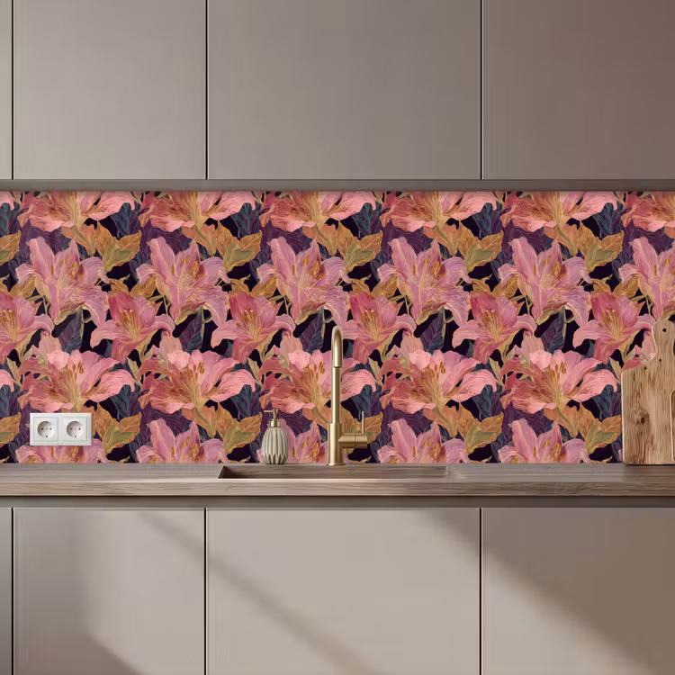 Lelies - Patroon - Roze - Goud keuken achterwand 2 middel 871 zz_3dshopping