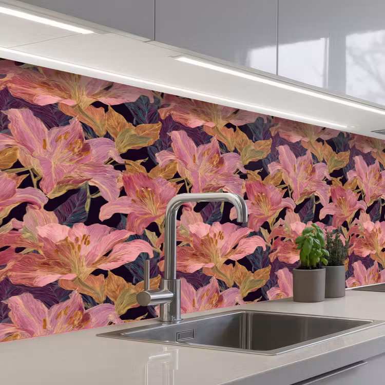 Lelies - Patroon - Roze - Goud keuken achterwand 2 middel 871 -3d_schuin