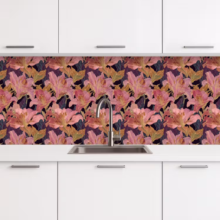 Lelies - Patroon - Roze - Goud keuken achterwand 2 middel 871 -3d