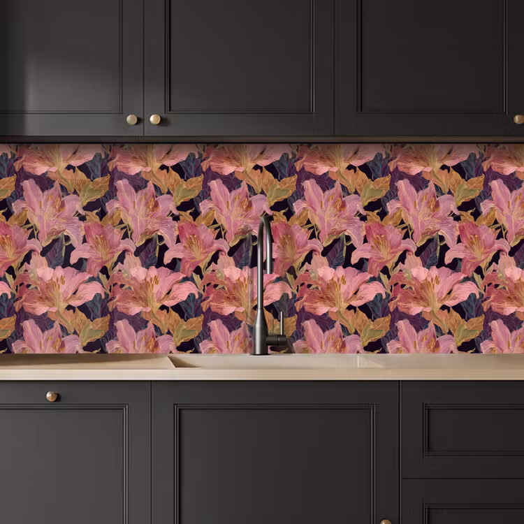 Lelies - Patroon - Roze - Goud keuken achterwand 2 middel 871 -sfeer1
