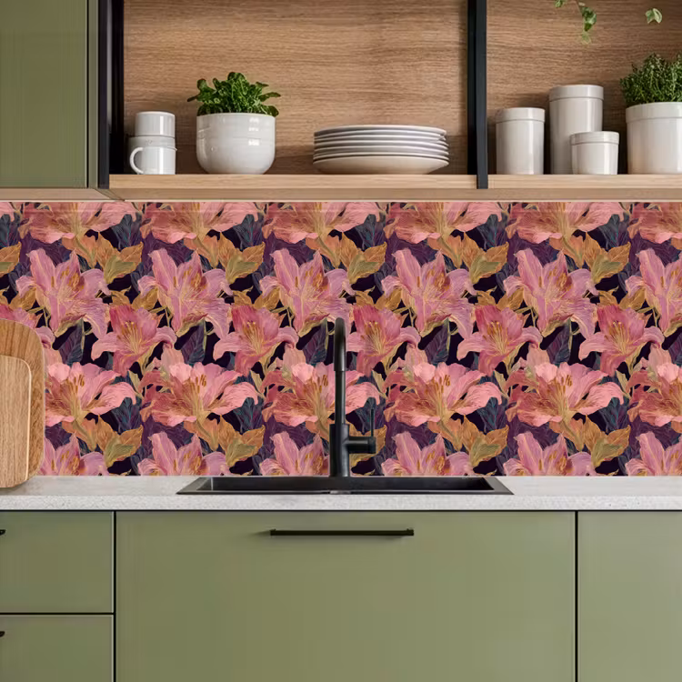 Lelies - Patroon - Roze - Goud keuken achterwand 2 middel 871 -sfeer3