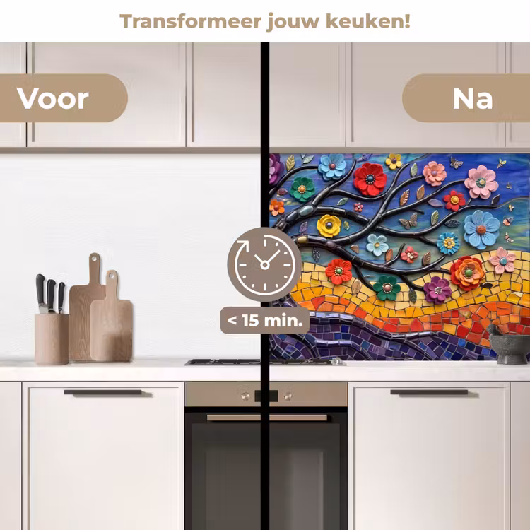 Levensboom - Mozaïek - Bloemen - Kleurrijk - Vrolijk keuken achterwand 2 middel -voor-na2_NL