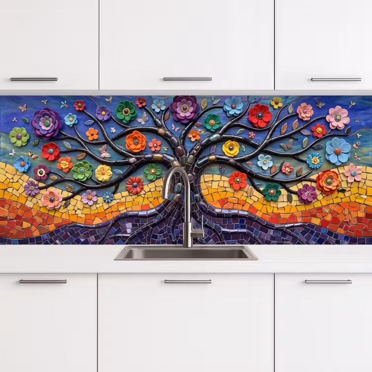 Levensboom - Mozaïek - Bloemen - Kleurrijk - Vrolijk keuken achterwand 2 middel -3d